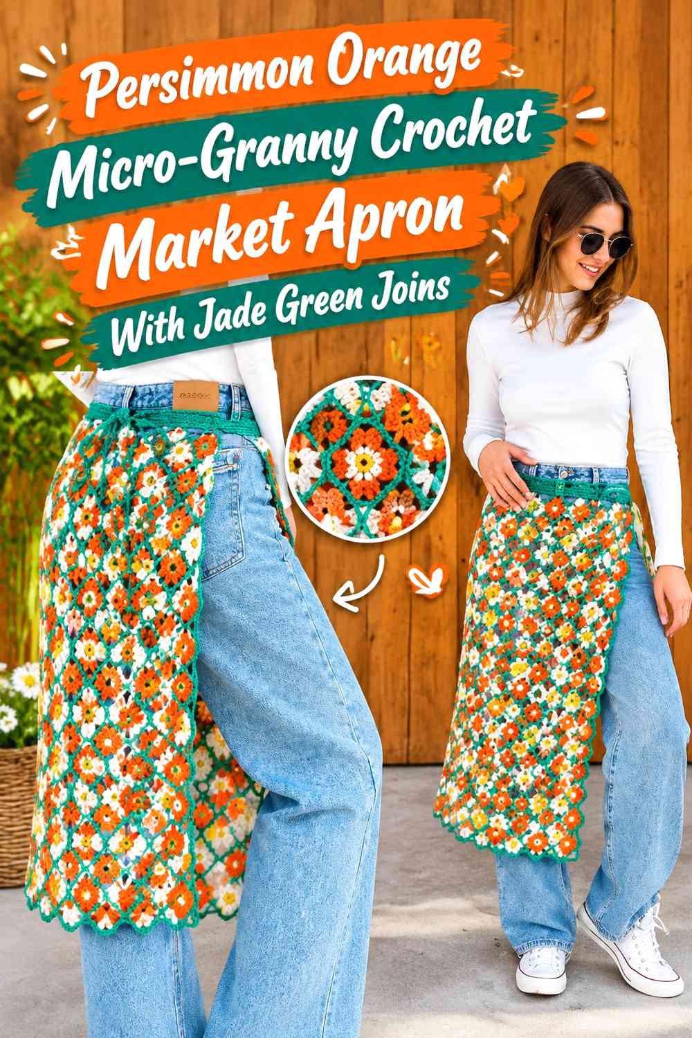 Persimmon Orange Micro-Granny Crochet Market Apron With Jade Green Joins