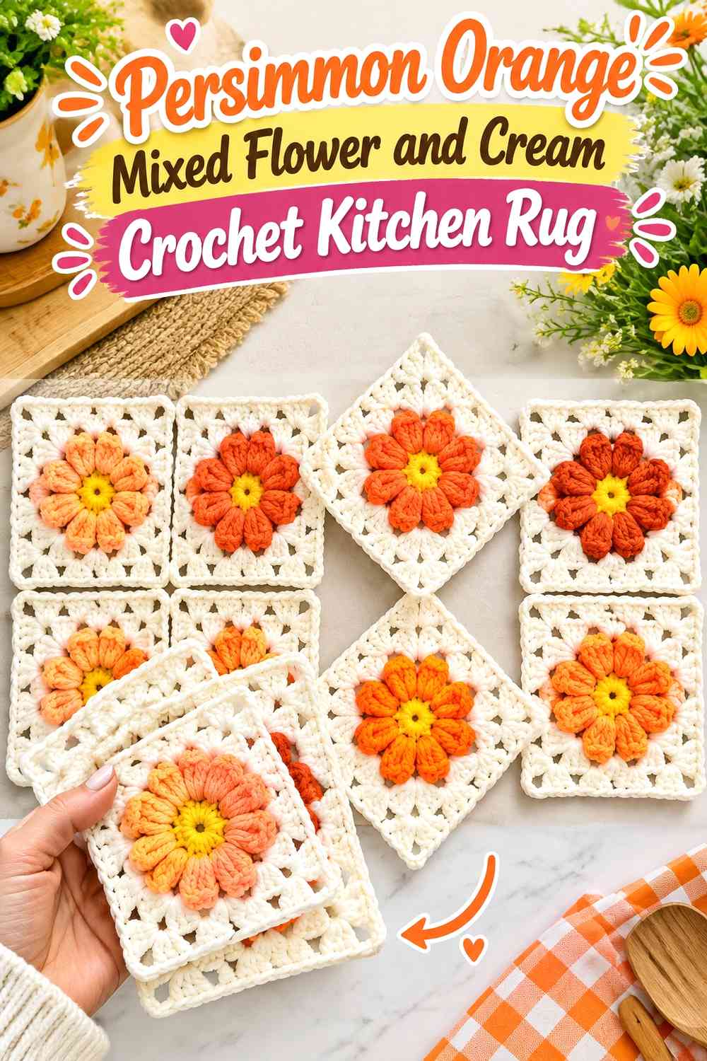 Persimmon Orange Mixed Flower and Cream Crochet Kitchen Rug