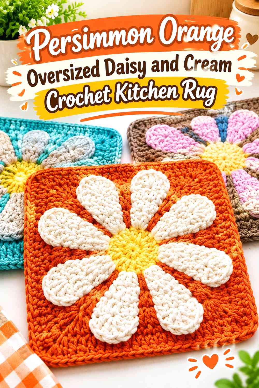 Persimmon Orange Oversized Daisy and Cream Crochet Kitchen Rug