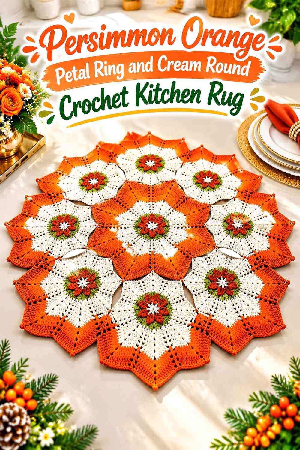 Persimmon Orange Petal Ring and Cream Round Crochet Kitchen Rug