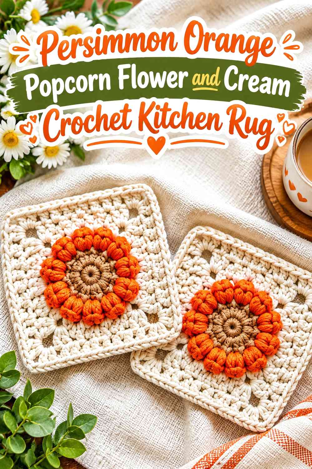 Persimmon Orange Popcorn Flower and Cream Crochet Kitchen Rug