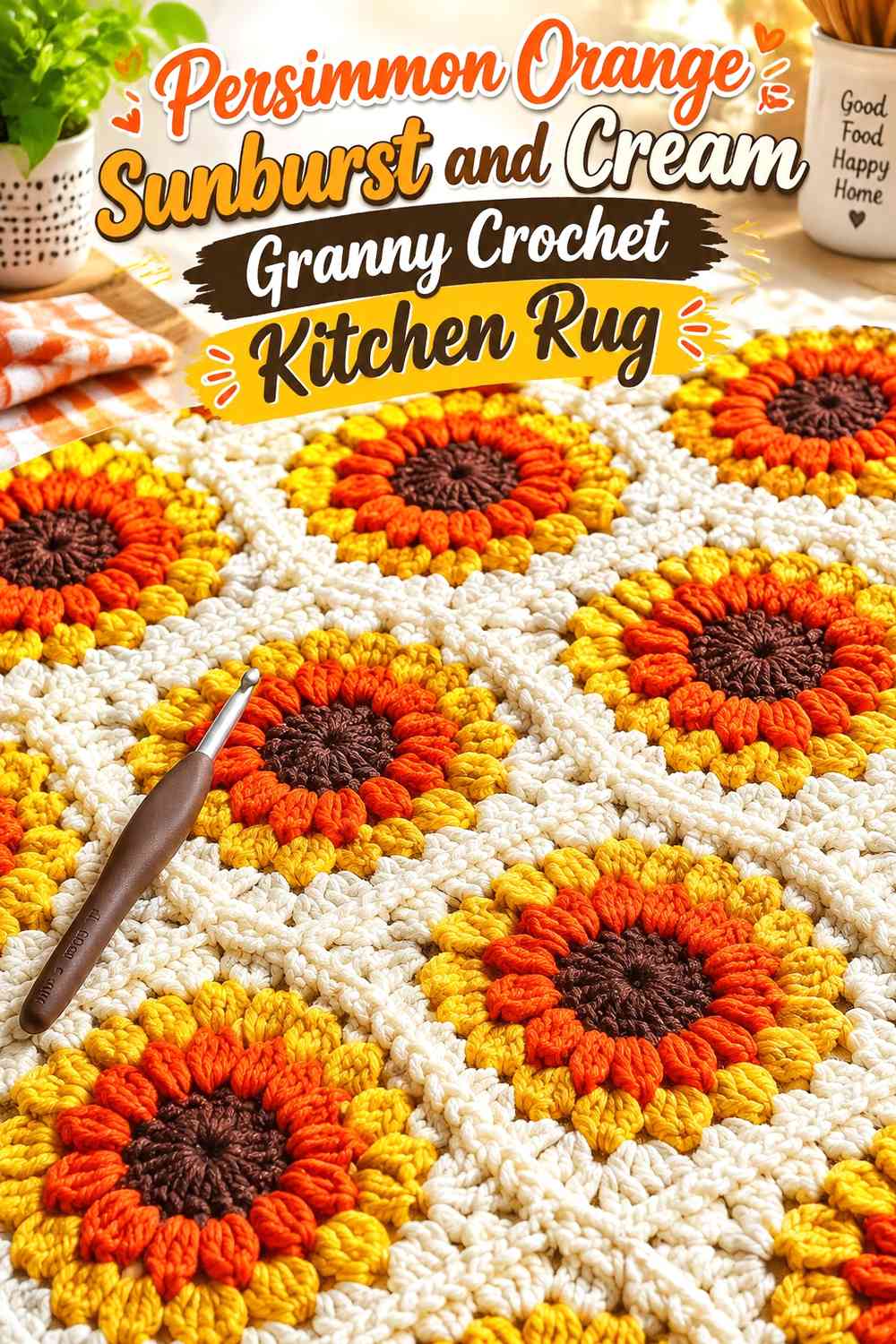 Persimmon Orange Sunburst and Cream Granny Crochet Kitchen Rug