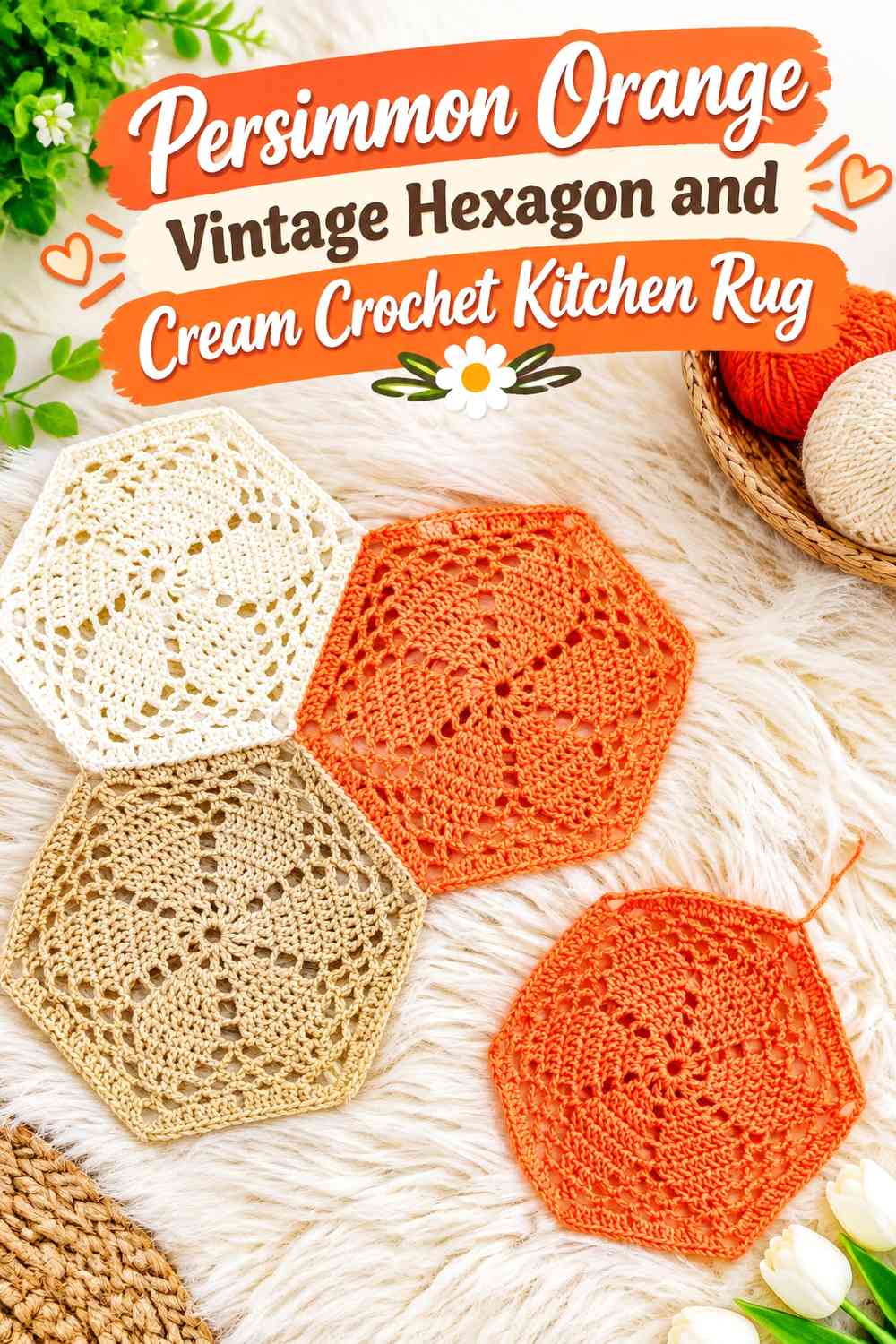 Persimmon Orange Vintage Hexagon and Cream Crochet Kitchen Rug