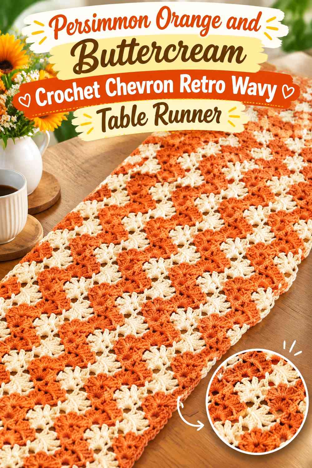 Persimmon Orange and Buttercream Crochet Chevron Retro Wavy Table Runner