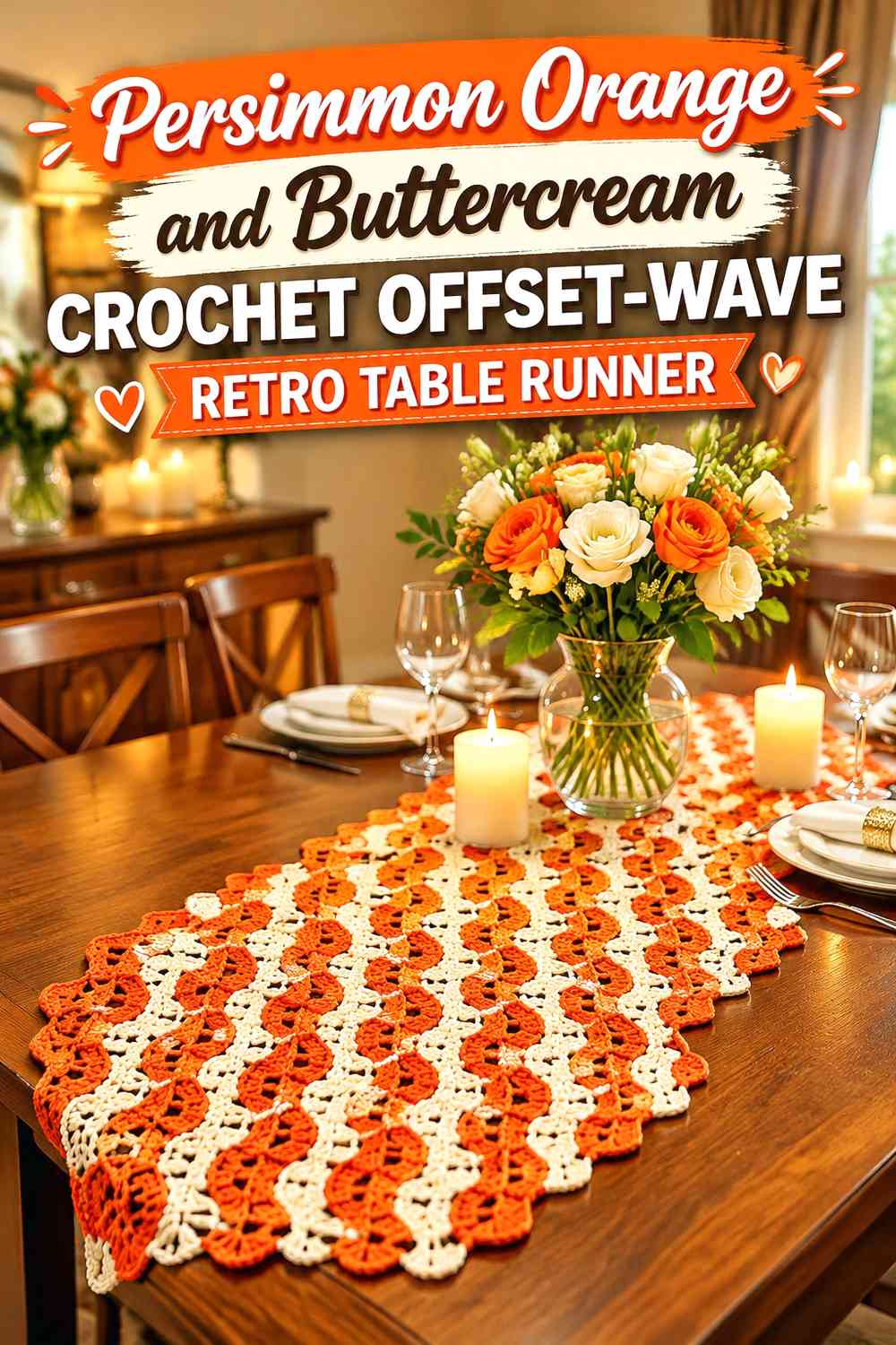 Persimmon Orange and Buttercream Crochet Offset-Wave Retro Table Runner