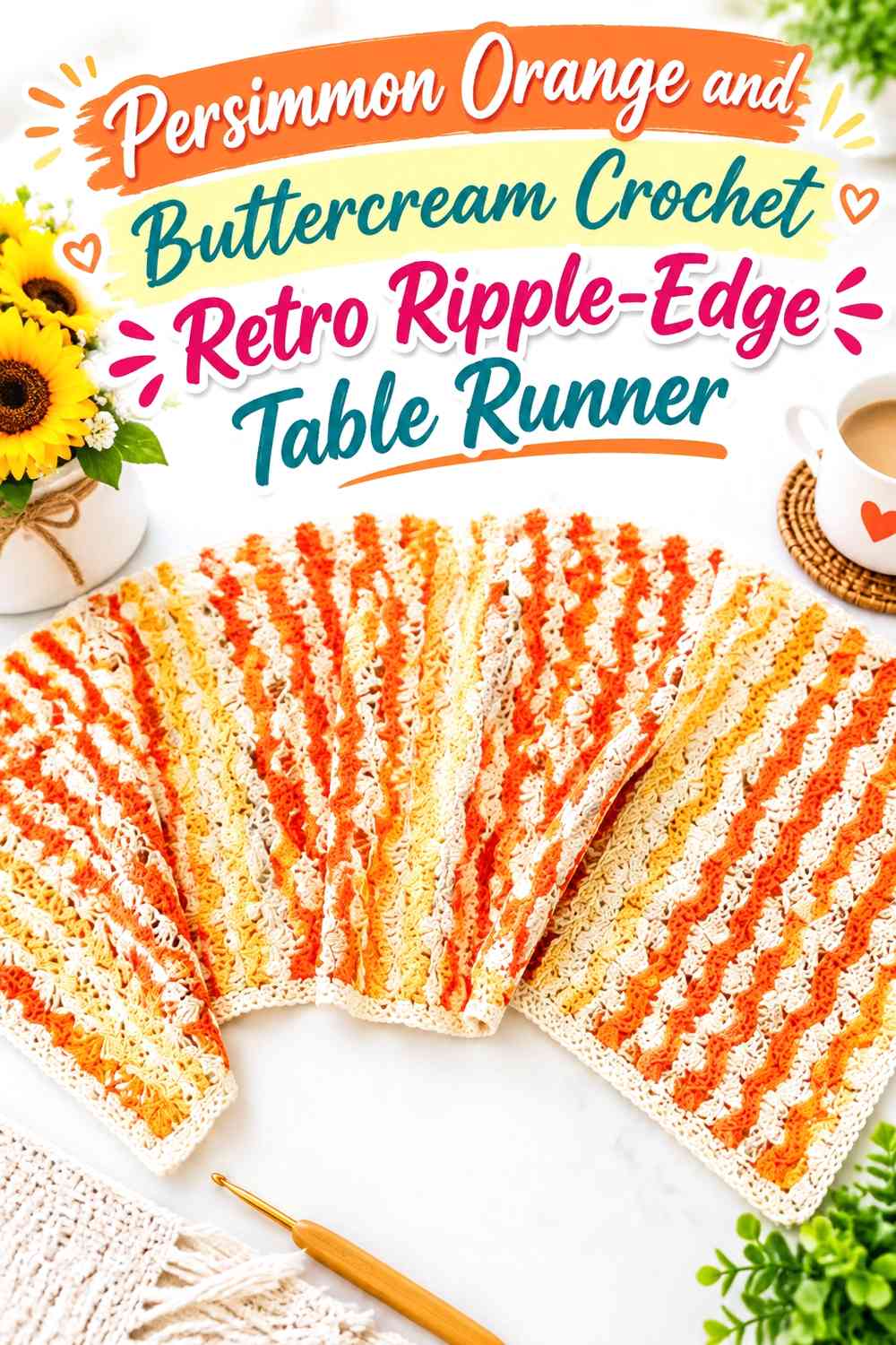 Persimmon Orange and Buttercream Crochet Retro Ripple-Edge Table Runner