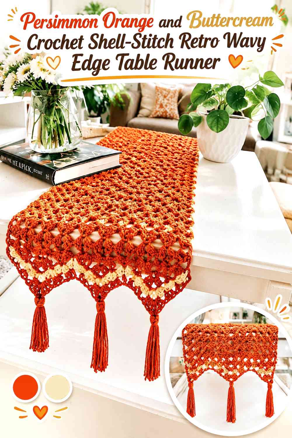 Persimmon Orange and Buttercream Crochet Shell-Stitch Retro Wavy Edge Table Runner