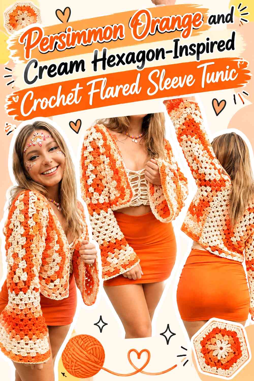 Persimmon Orange and Cream Hexagon-Inspired Crochet Flared Sleeve Tunic