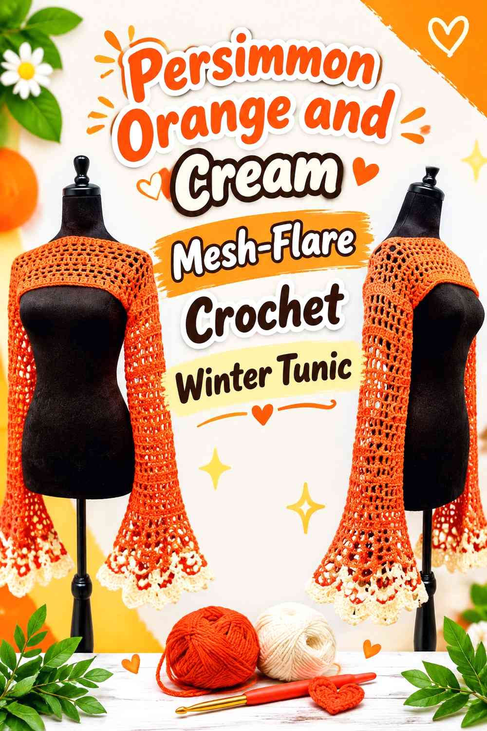 Persimmon Orange and Cream Mesh-Flare Crochet Winter Tunic