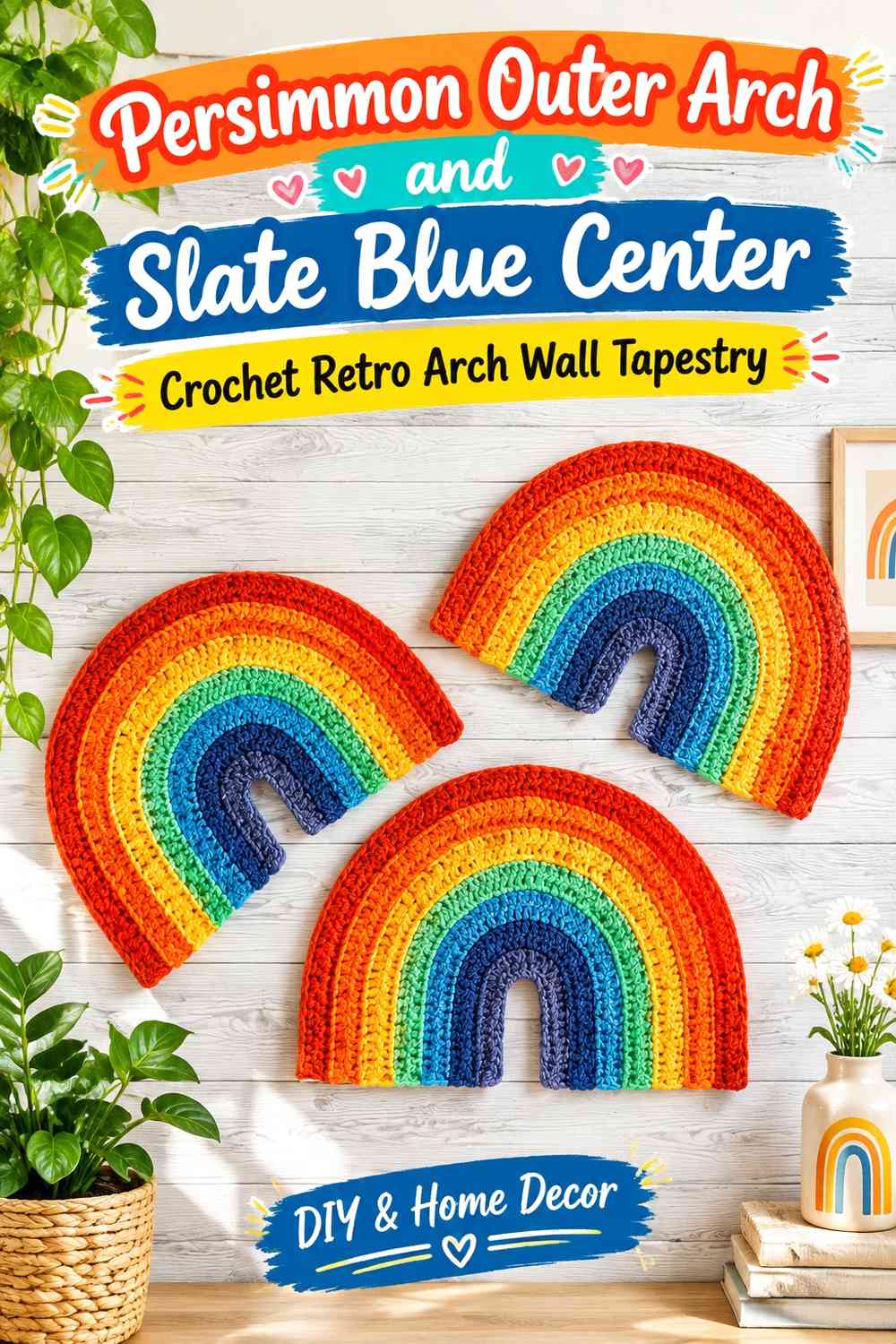 Persimmon Outer Arch and Slate Blue Center Crochet Retro Arch Wall Tapestry