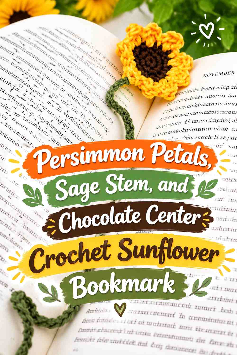 Persimmon Petals, Sage Stem, and Chocolate Center Crochet Sunflower Bookmark