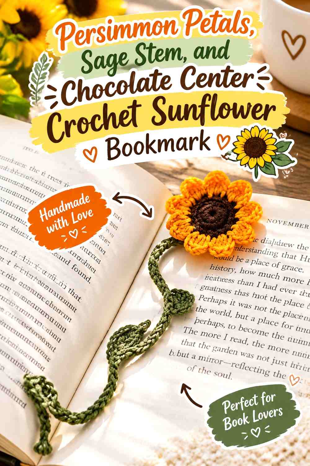 Persimmon Petals, Sage Stem, and Chocolate Center Crochet Sunflower Bookmark