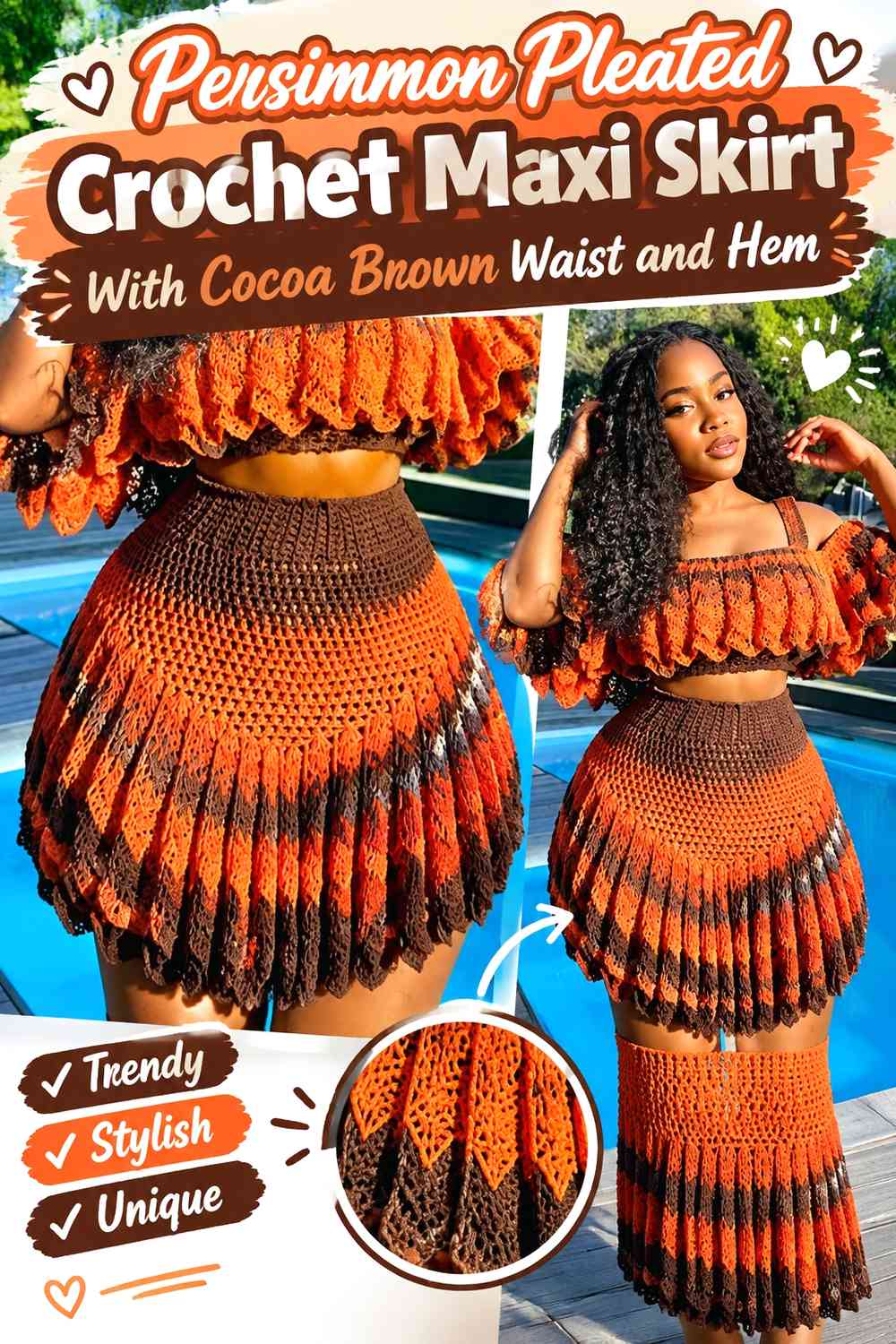 Persimmon Pleated Crochet Maxi Skirt With Cocoa Brown Waist and Hem