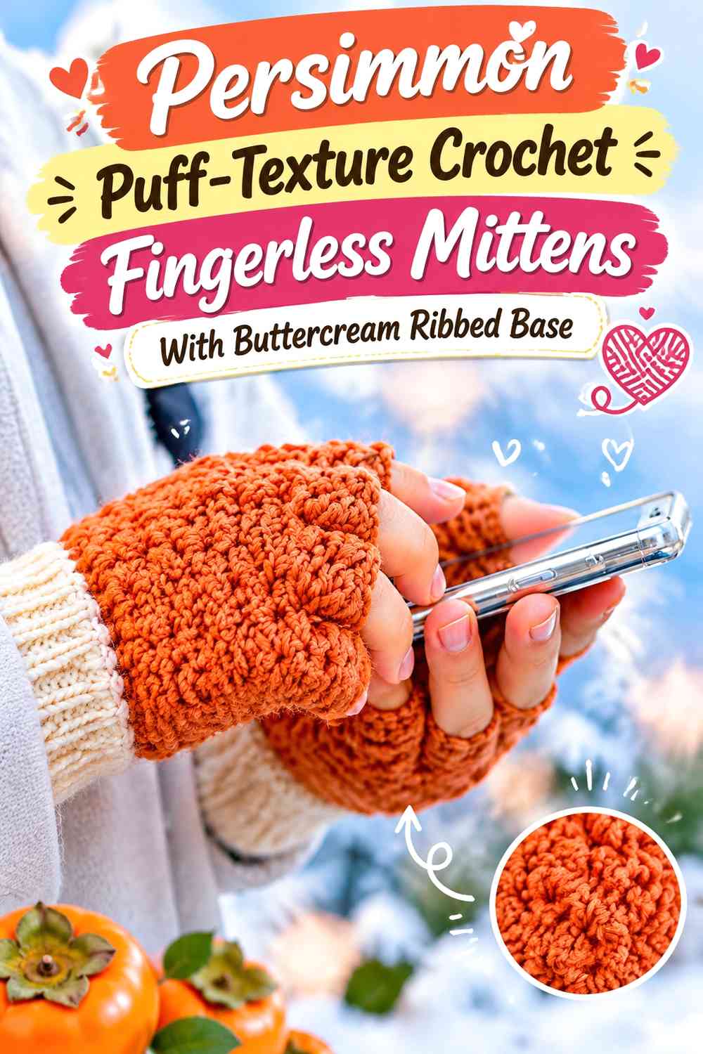 Persimmon Puff-Texture Crochet Fingerless Mittens With Buttercream Ribbed Base