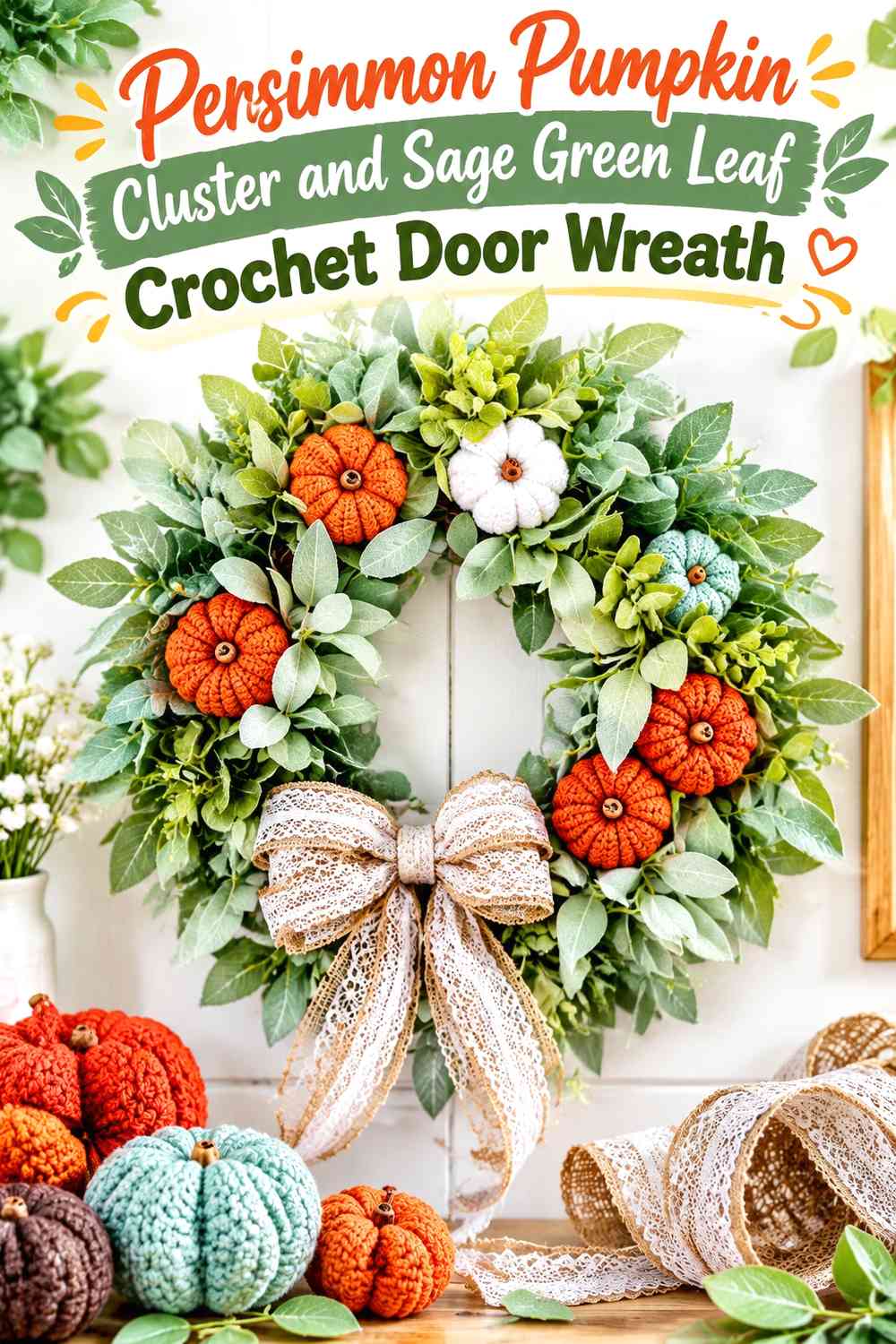 Persimmon Pumpkin Cluster and Sage Green Leaf Crochet Door Wreath