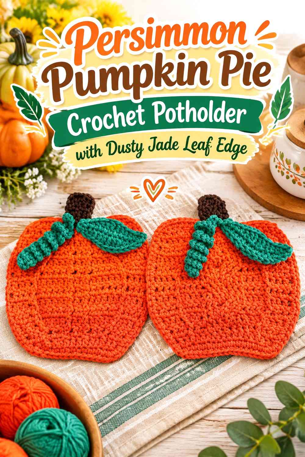 Persimmon Pumpkin Pie Crochet Potholder with Dusty Jade Leaf Edge