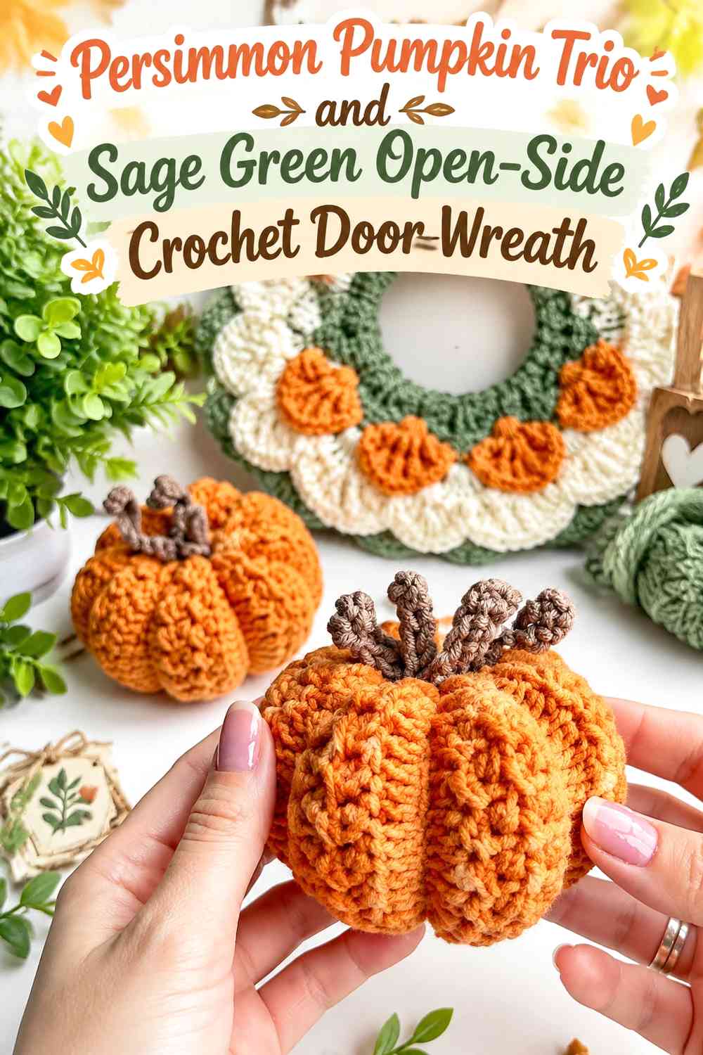 Persimmon Pumpkin Trio and Sage Green Open-Side Crochet Door Wreath