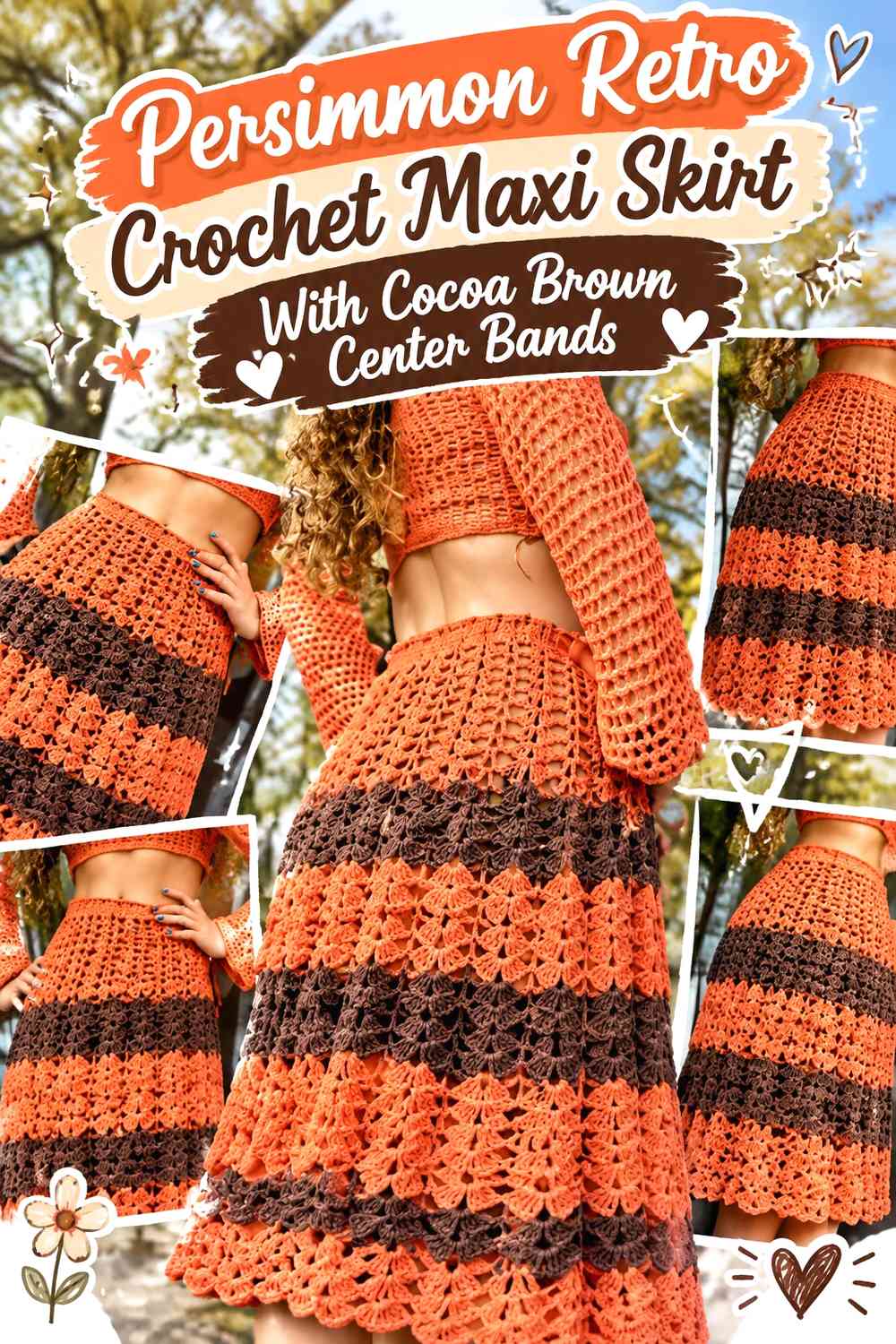 Persimmon Retro Crochet Maxi Skirt With Cocoa Brown Center Bands