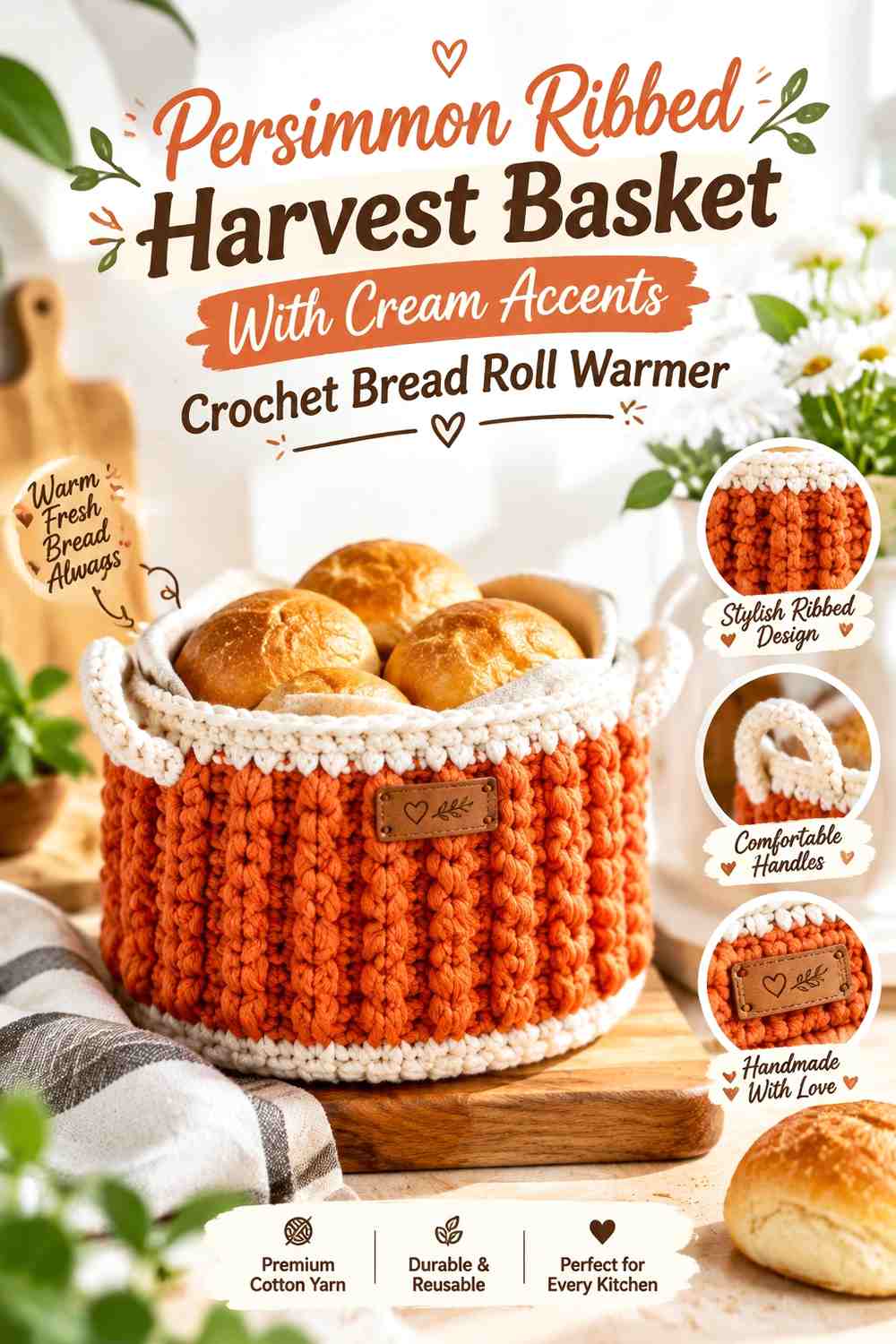 Persimmon Ribbed Harvest Basket With Cream Accents Crochet Bread Roll Warmer
