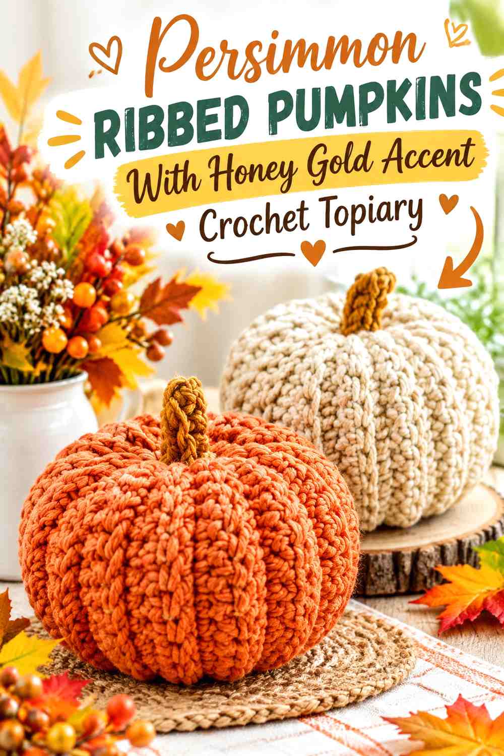 Persimmon Ribbed Pumpkins With Honey Gold Accent Crochet Topiary