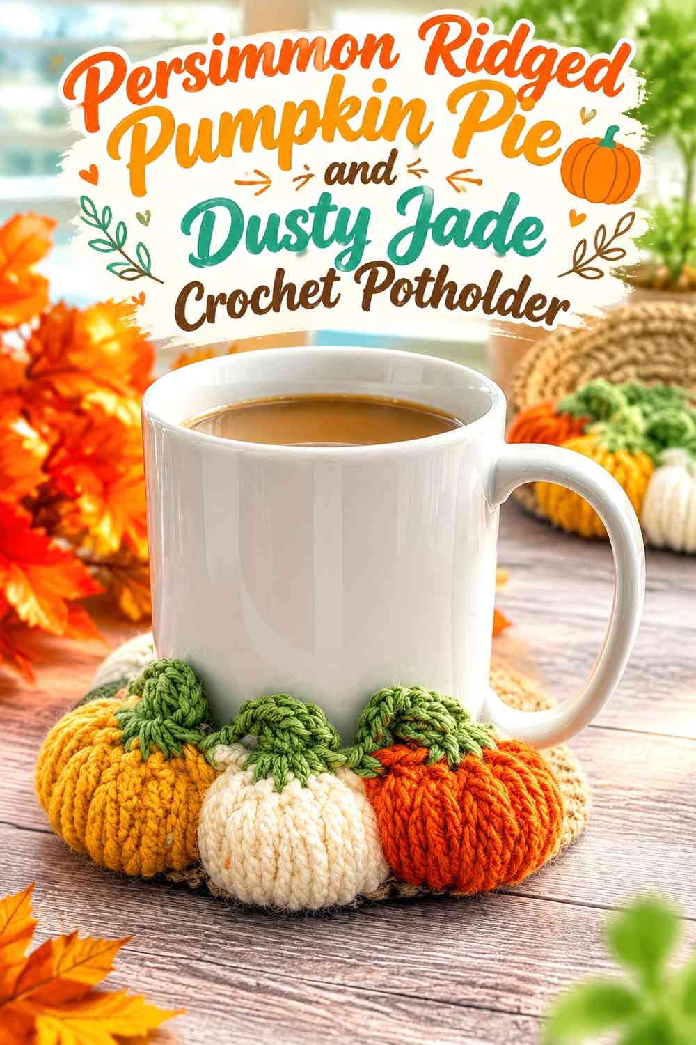 Persimmon Ridged Pumpkin Pie and Dusty Jade Crochet Potholder