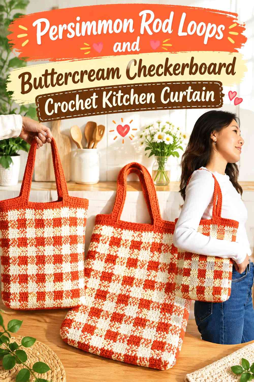 Persimmon Rod Loops and Buttercream Checkerboard Crochet Kitchen Curtain