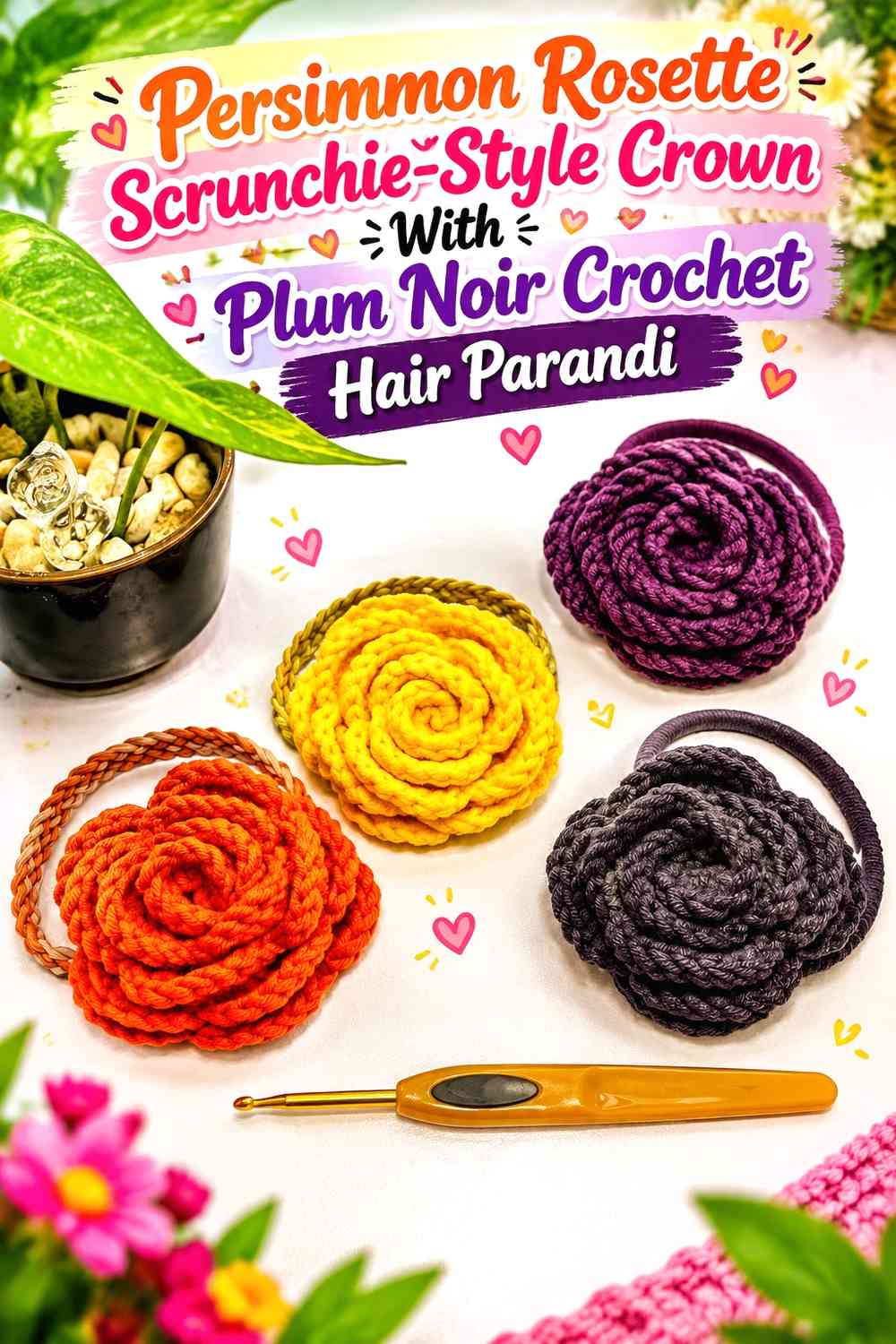 Persimmon Rosette Scrunchie-Style Crown With Plum Noir Crochet Hair Parandi