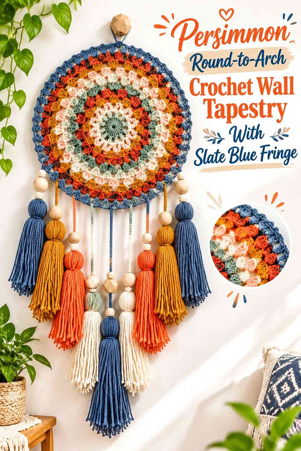 Persimmon Round-to-Arch Crochet Wall Tapestry With Slate Blue Fringe
