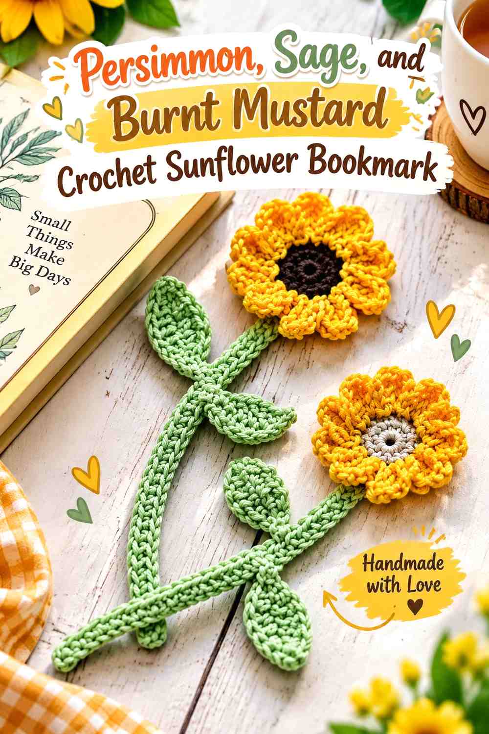 Persimmon, Sage, and Burnt Mustard Crochet Sunflower Bookmark