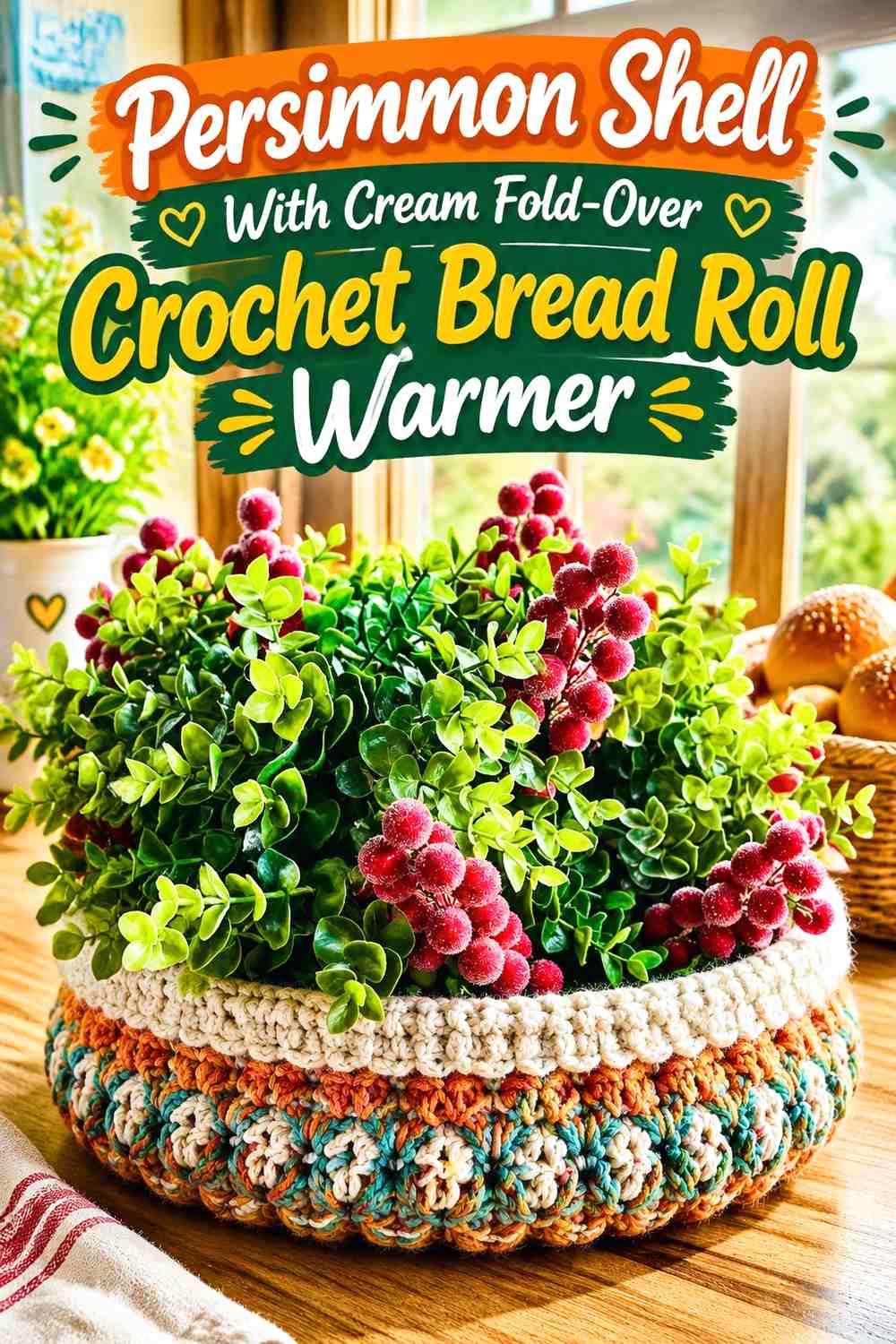 Persimmon Shell With Cream Fold-Over Crochet Bread Roll Warmer