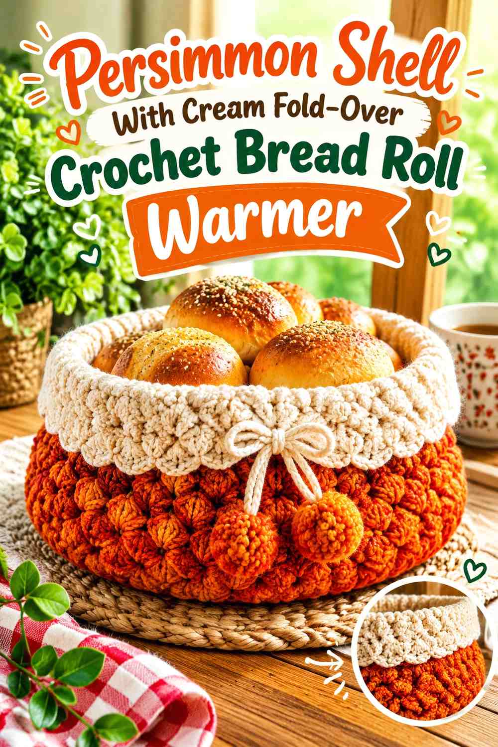 Persimmon Shell With Cream Fold-Over Crochet Bread Roll Warmer