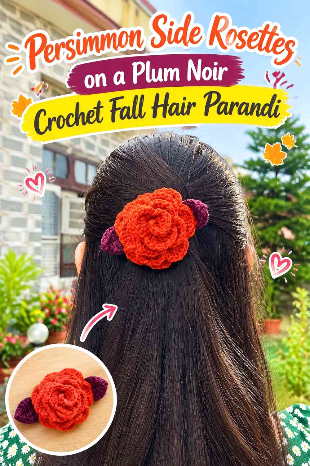 Persimmon Side Rosettes on a Plum Noir Crochet Fall Hair Parandi