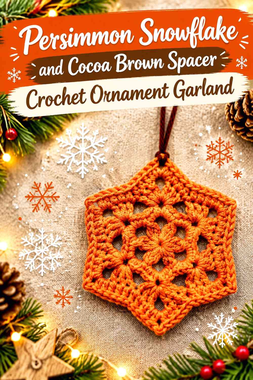 Persimmon Snowflake and Cocoa Brown Spacer Crochet Ornament Garland