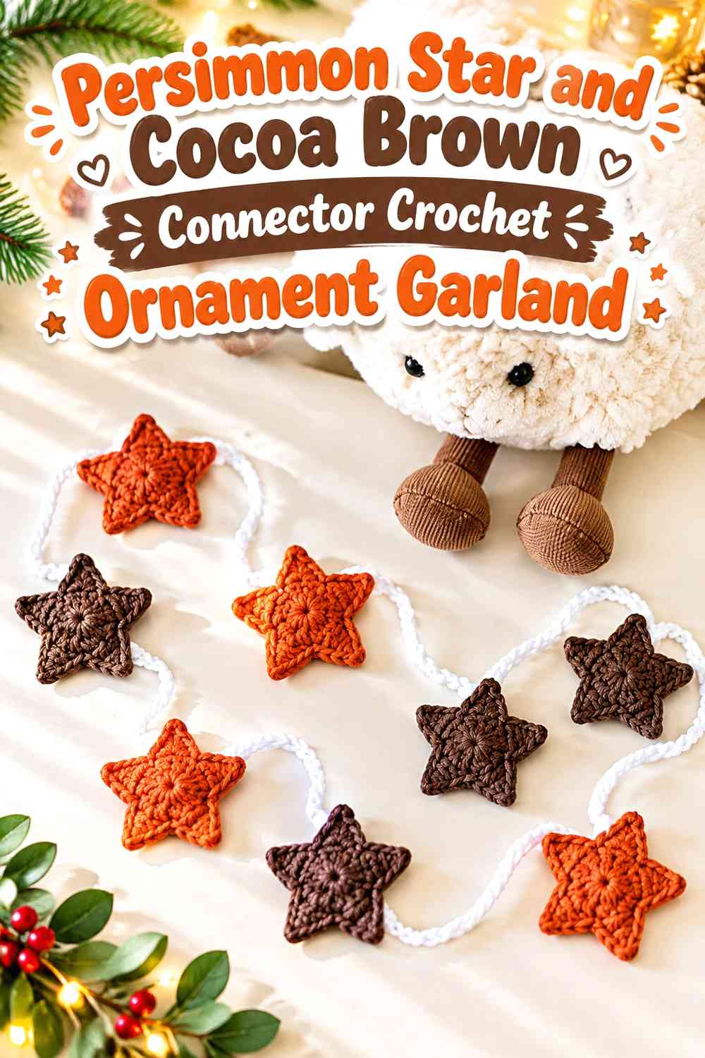 Persimmon Star and Cocoa Brown Connector Crochet Ornament Garland