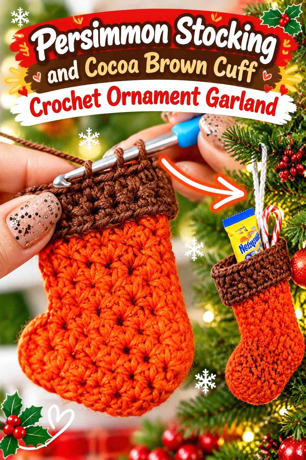 Persimmon Stocking and Cocoa Brown Cuff Crochet Ornament Garland