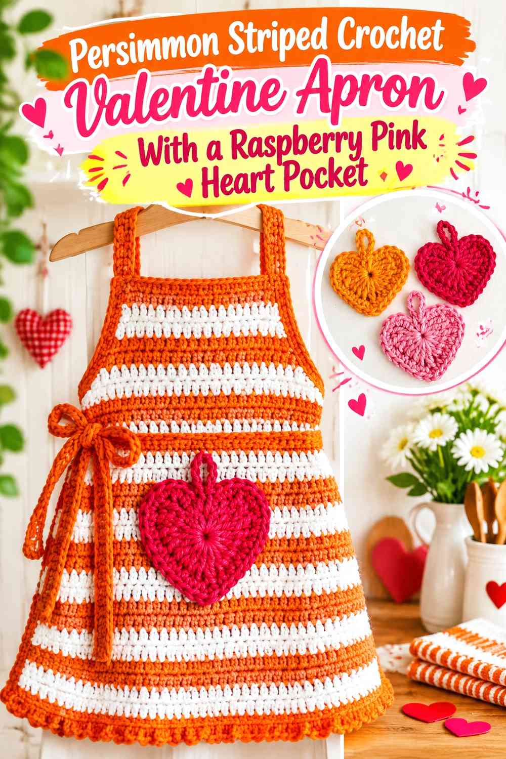 Persimmon Striped Crochet Valentine Apron With a Raspberry Pink Heart Pocket