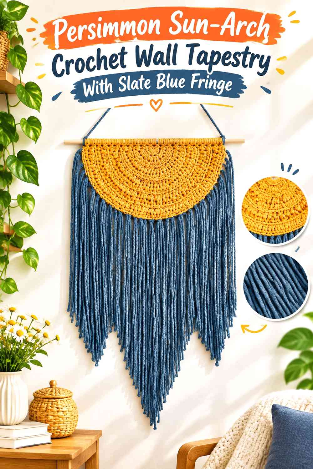 Persimmon Sun-Arch Crochet Wall Tapestry With Slate Blue Fringe