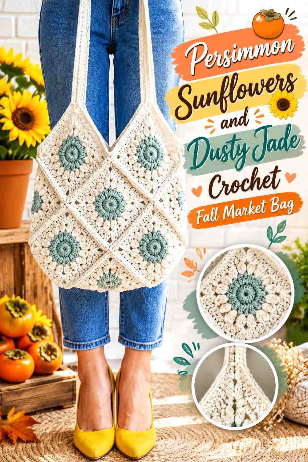 Persimmon Sunflowers and Dusty Jade Crochet Fall Market Bag