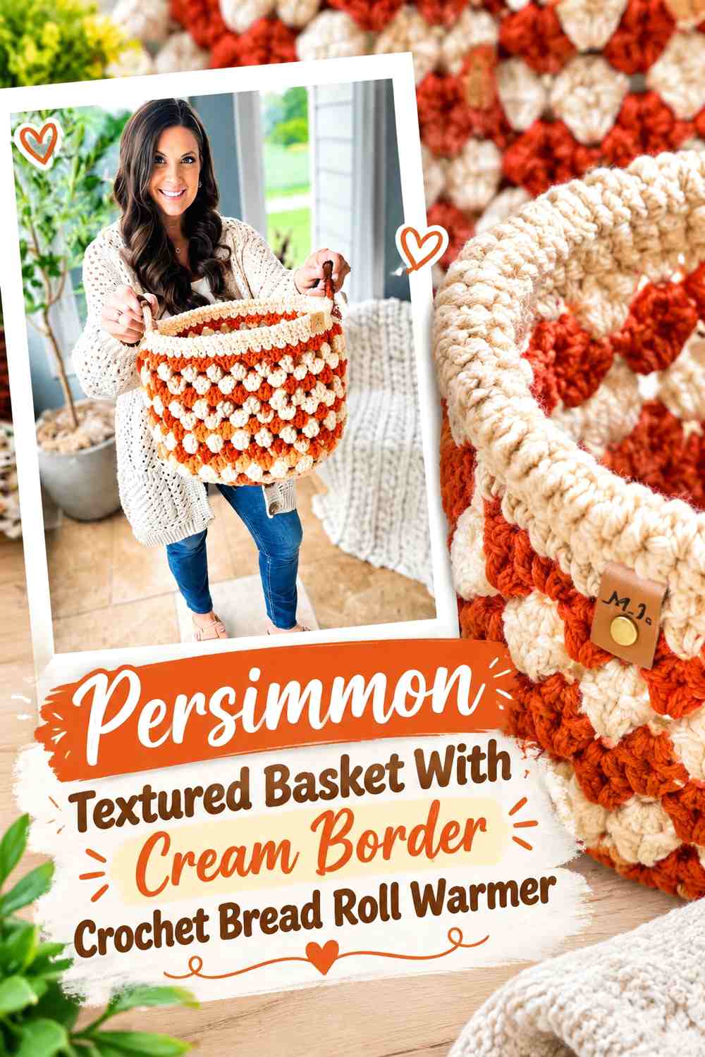 Persimmon Textured Basket With Cream Border Crochet Bread Roll Warmer