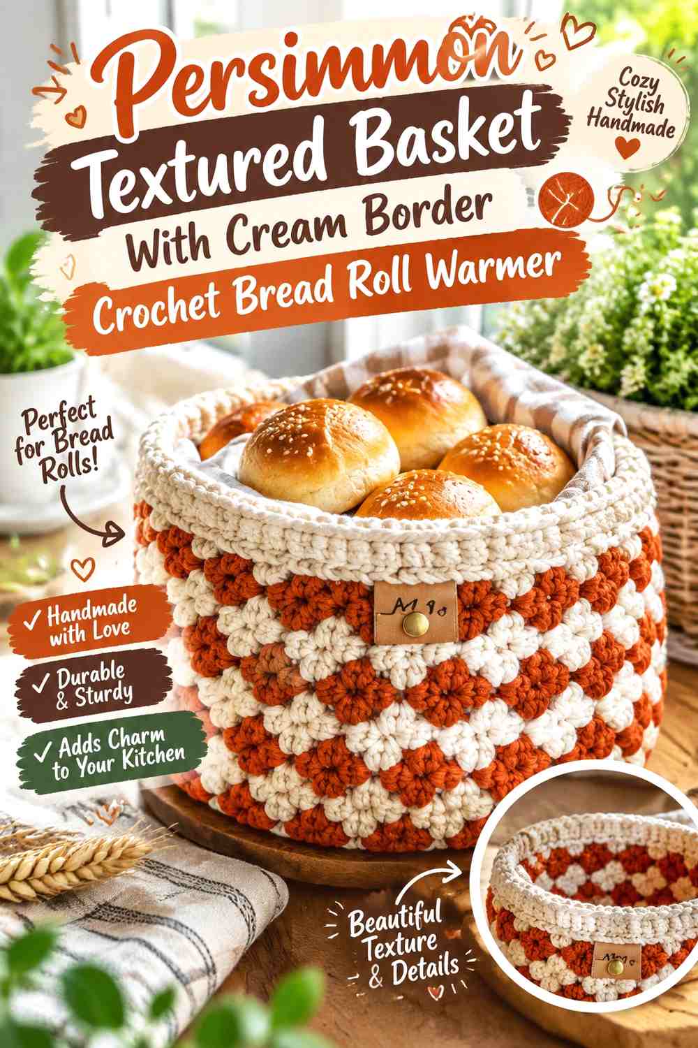 Persimmon Textured Basket With Cream Border Crochet Bread Roll Warmer