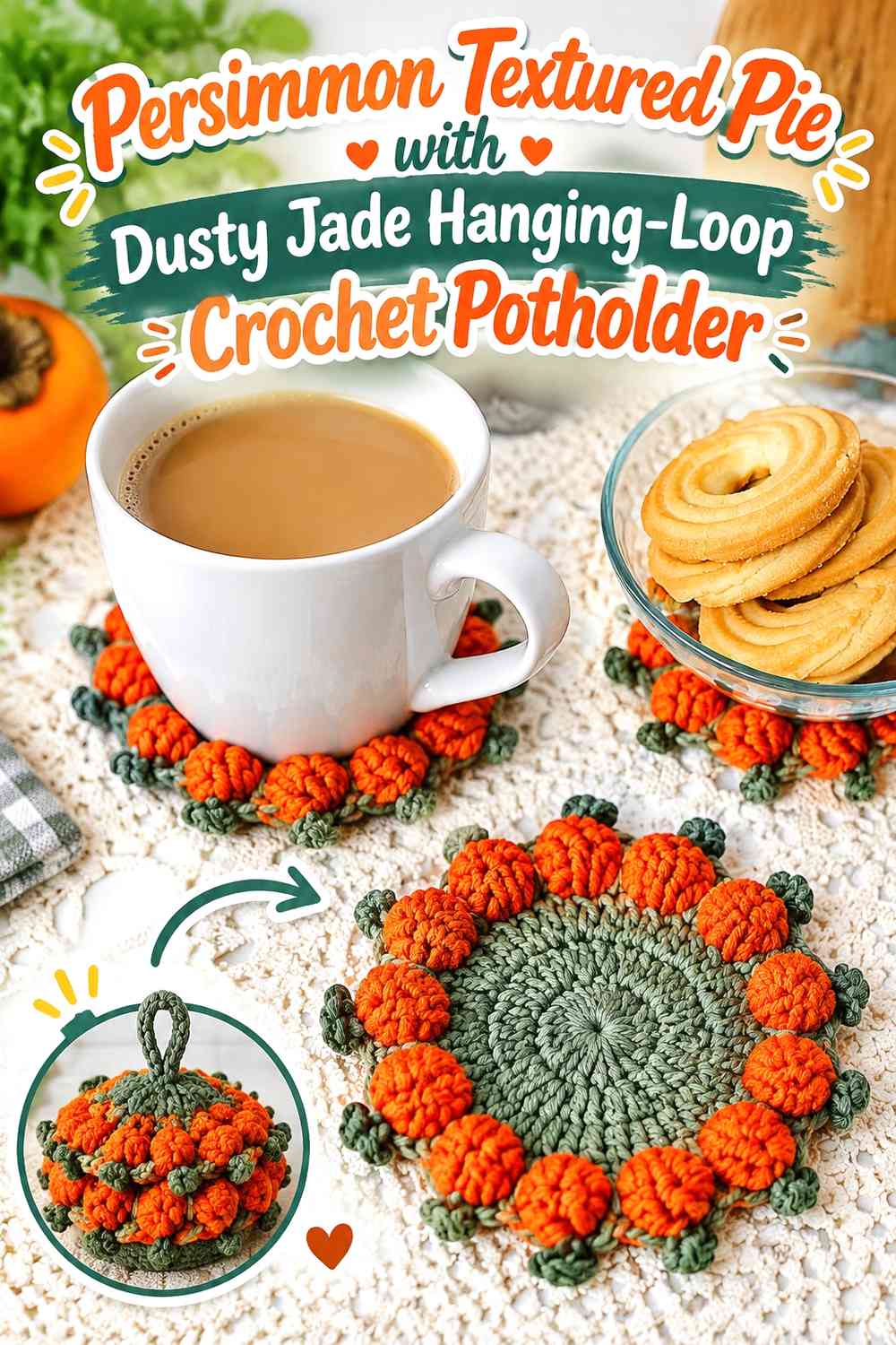 Persimmon Textured Pie with Dusty Jade Hanging-Loop Crochet Potholder