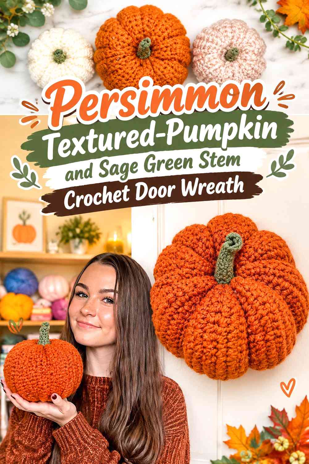 Persimmon Textured-Pumpkin and Sage Green Stem Crochet Door Wreath