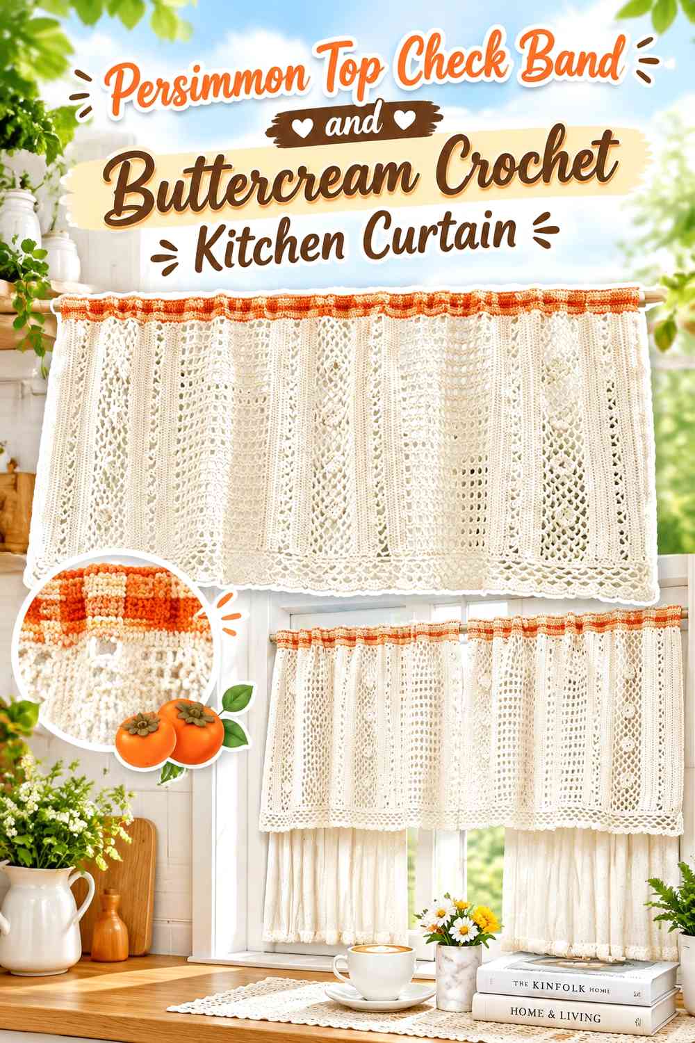 Persimmon Top Check Band and Buttercream Crochet Kitchen Curtain