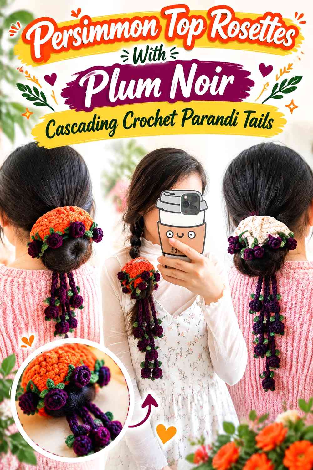 Persimmon Top Rosettes With Plum Noir Cascading Crochet Parandi Tails