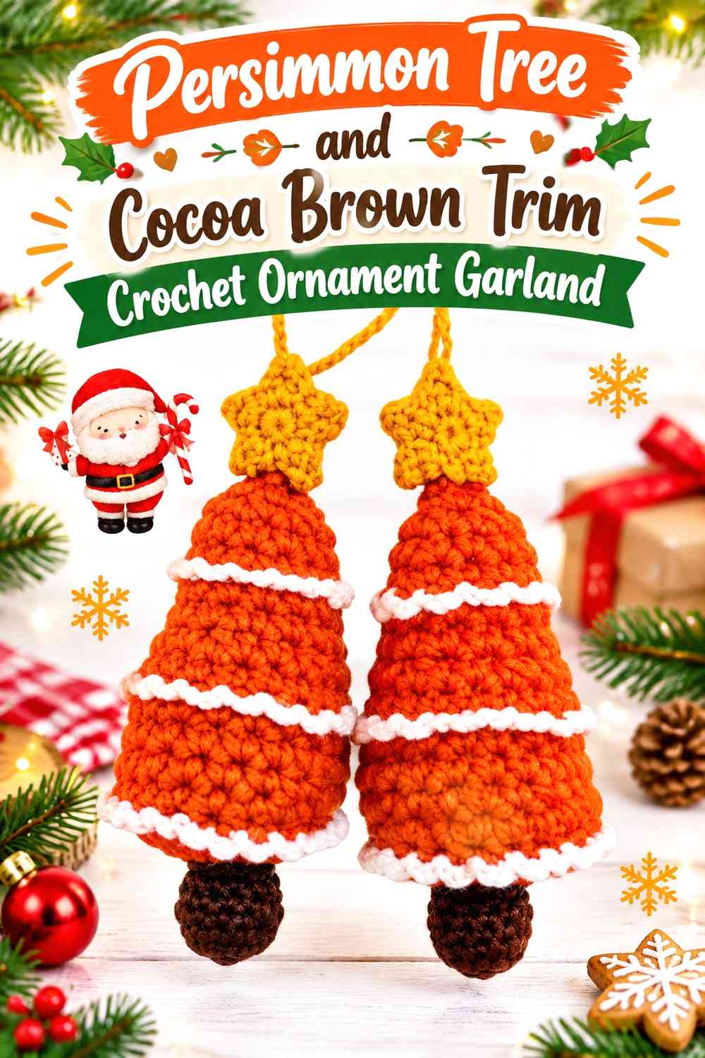 Persimmon Tree and Cocoa Brown Trim Crochet Ornament Garland