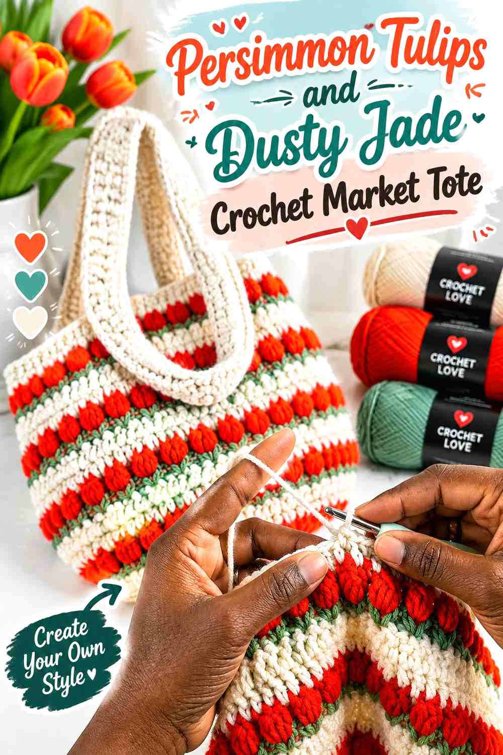 Persimmon Tulips and Dusty Jade Crochet Market Tote