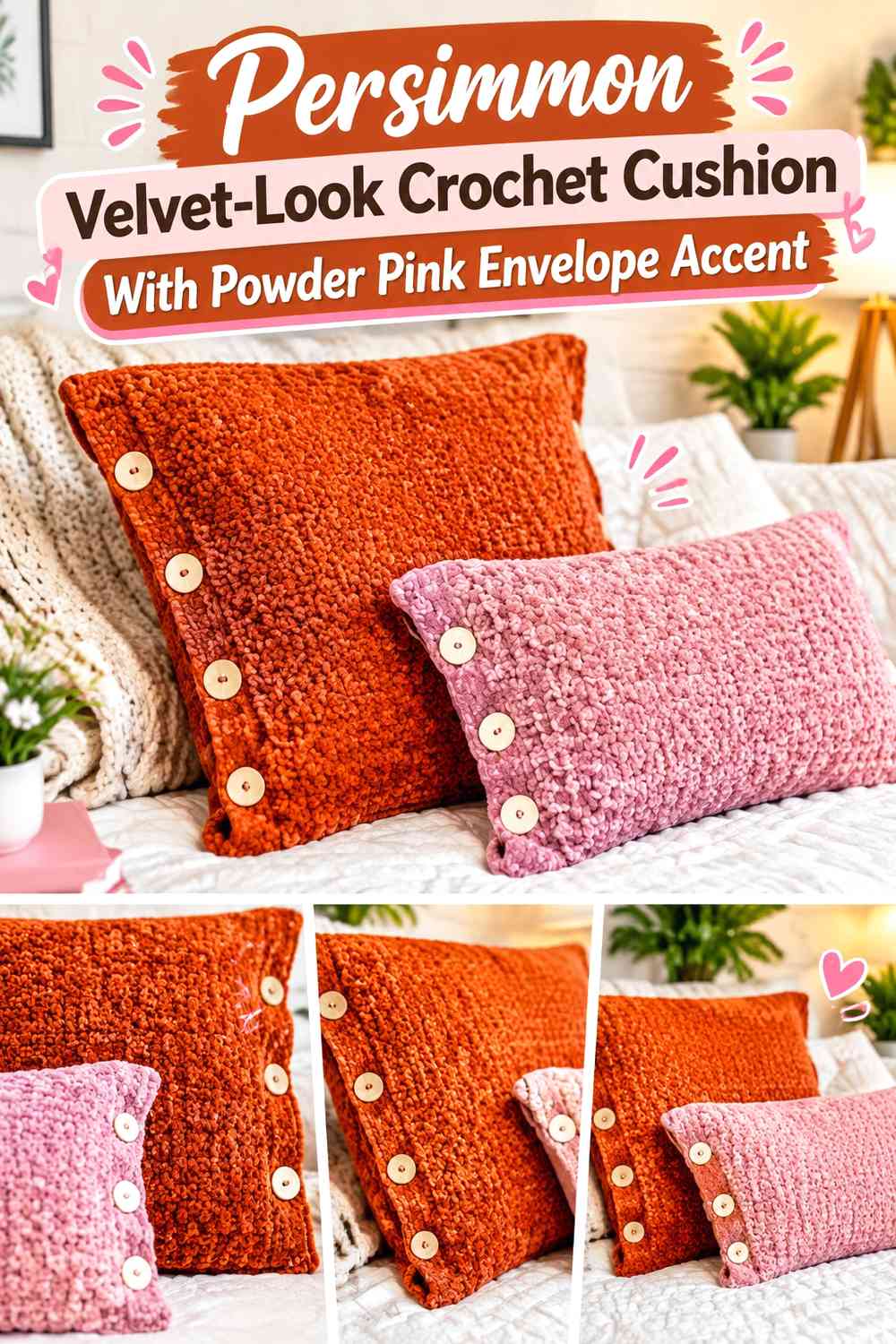 Persimmon Velvet-Look Crochet Cushion With Powder Pink Envelope Accent
