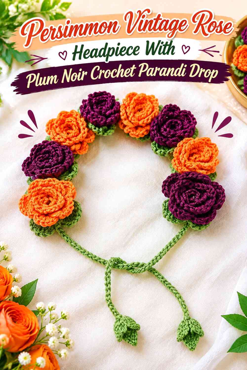 Persimmon Vintage Rose Headpiece With Plum Noir Crochet Parandi Drop