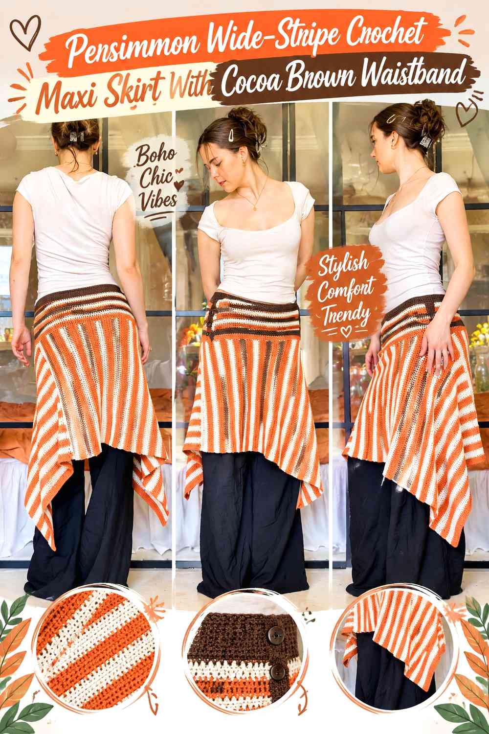 Persimmon Wide-Stripe Crochet Maxi Skirt With Cocoa Brown Waistband