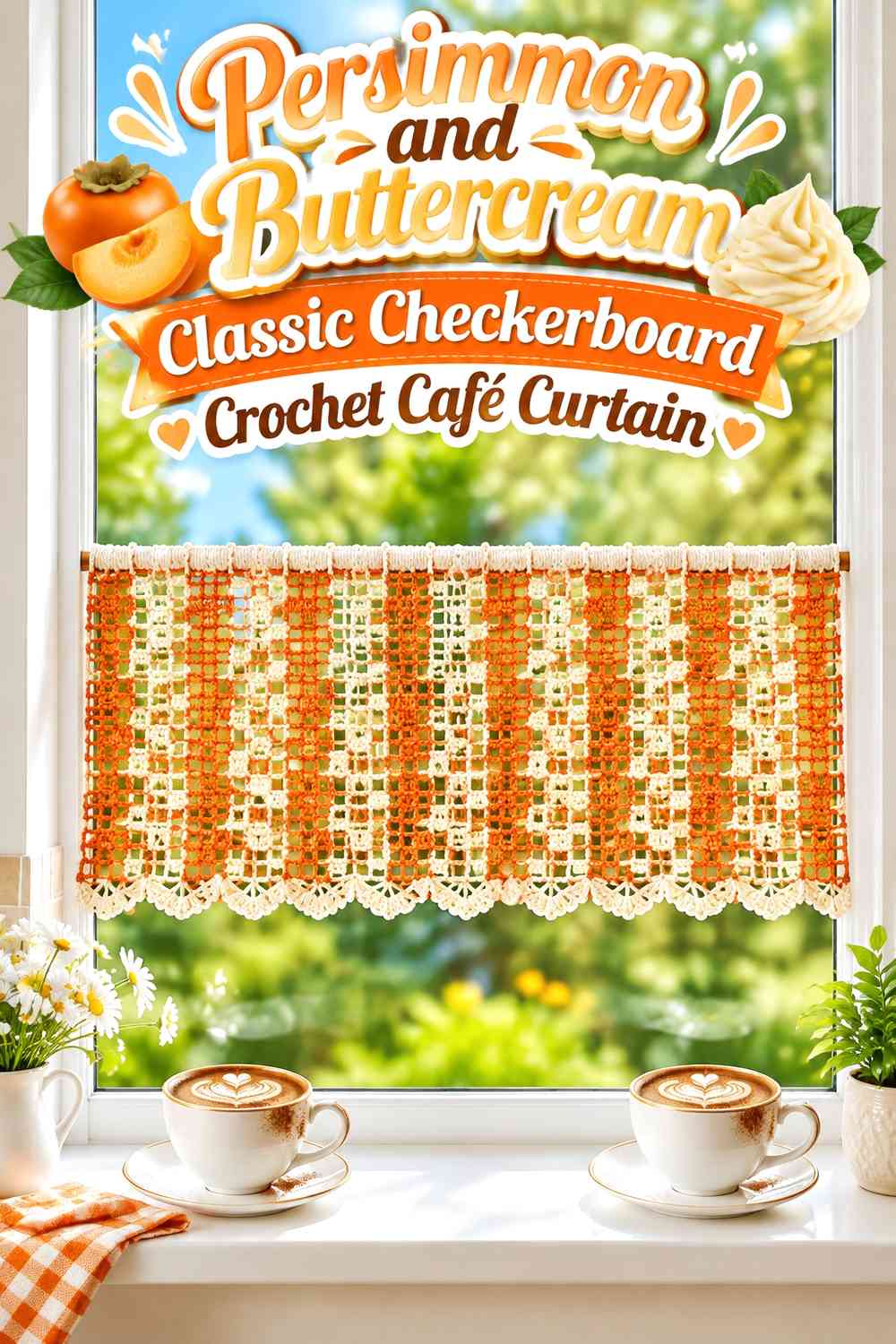 Persimmon and Buttercream Classic Checkerboard Crochet Café Curtain